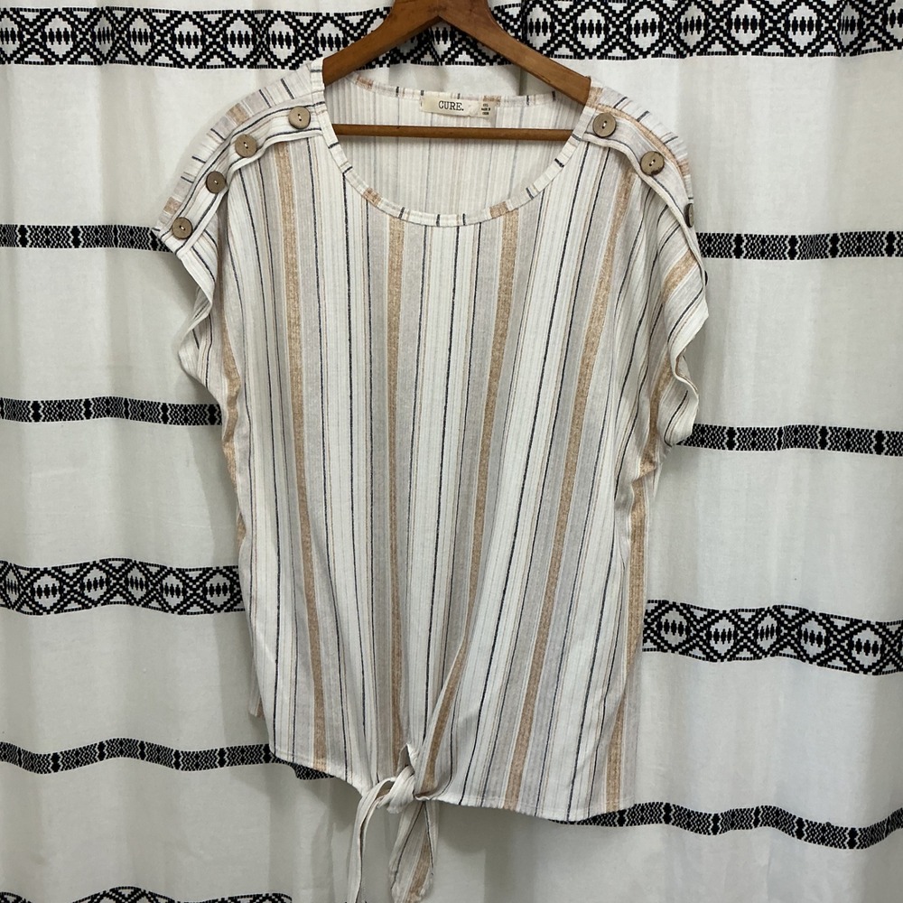 Cure. Womens 2XL Striped Tie Front Button Detail Short Sleeve Blouse Top‎